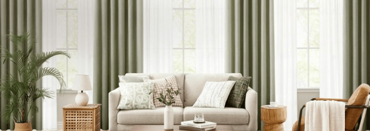 farmhouse style room with homeideas curtains – beige natural linen drapes in cozy interior