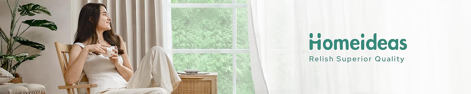 homeideas curtains in cozy living room – woman enjoying stylish drapes with natural light